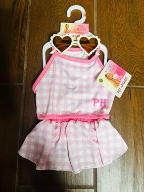 Paris Hilton Pet Apparel Dog Clothes Pink Gingham Set with Sunglasses XS